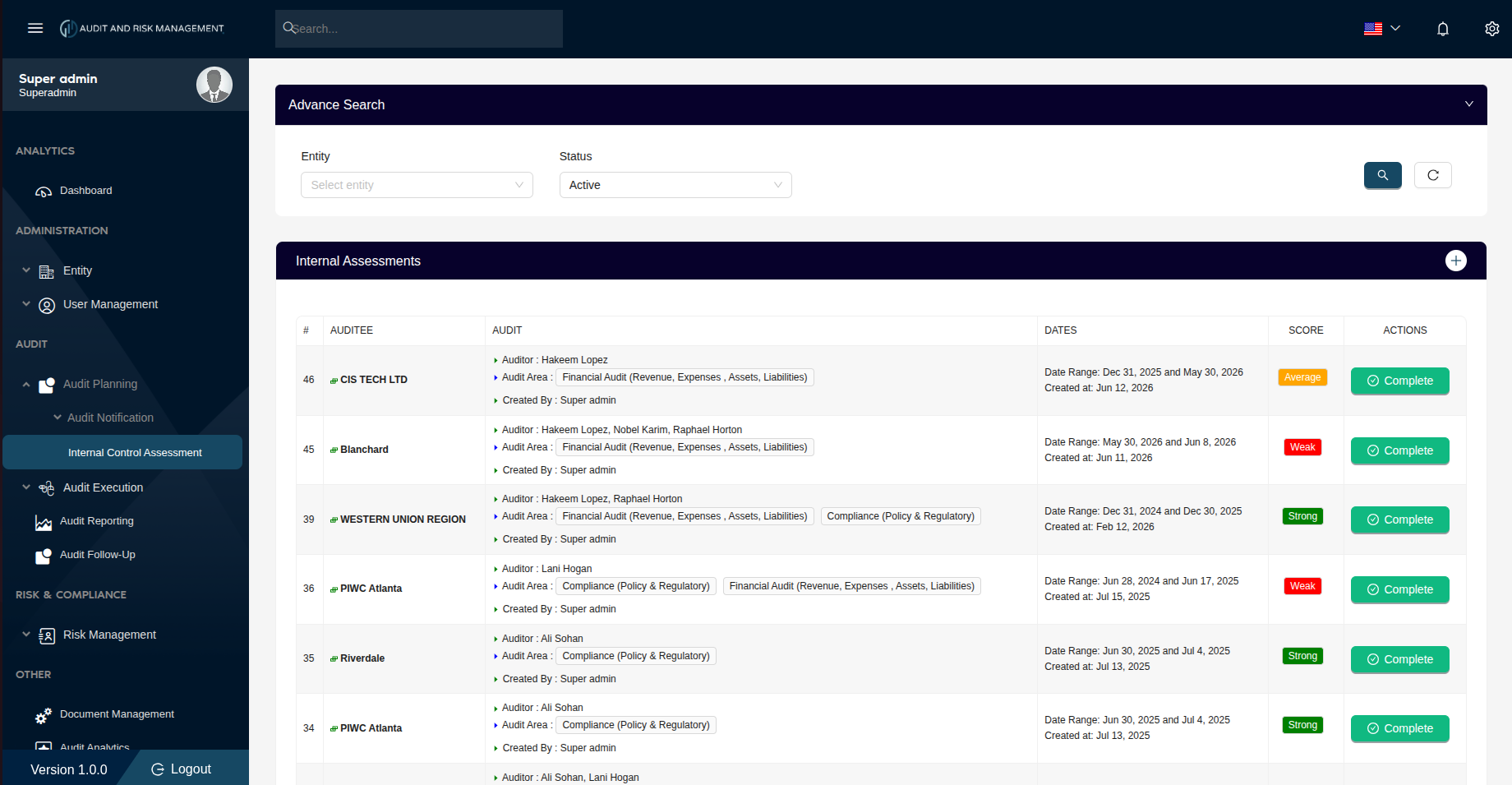 Internal Control Assessment List